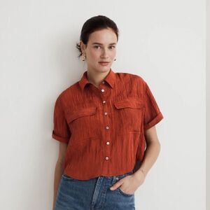Madewell Crinkled Utility Button-Up Shirt size Medium Boxy Burnt Orange